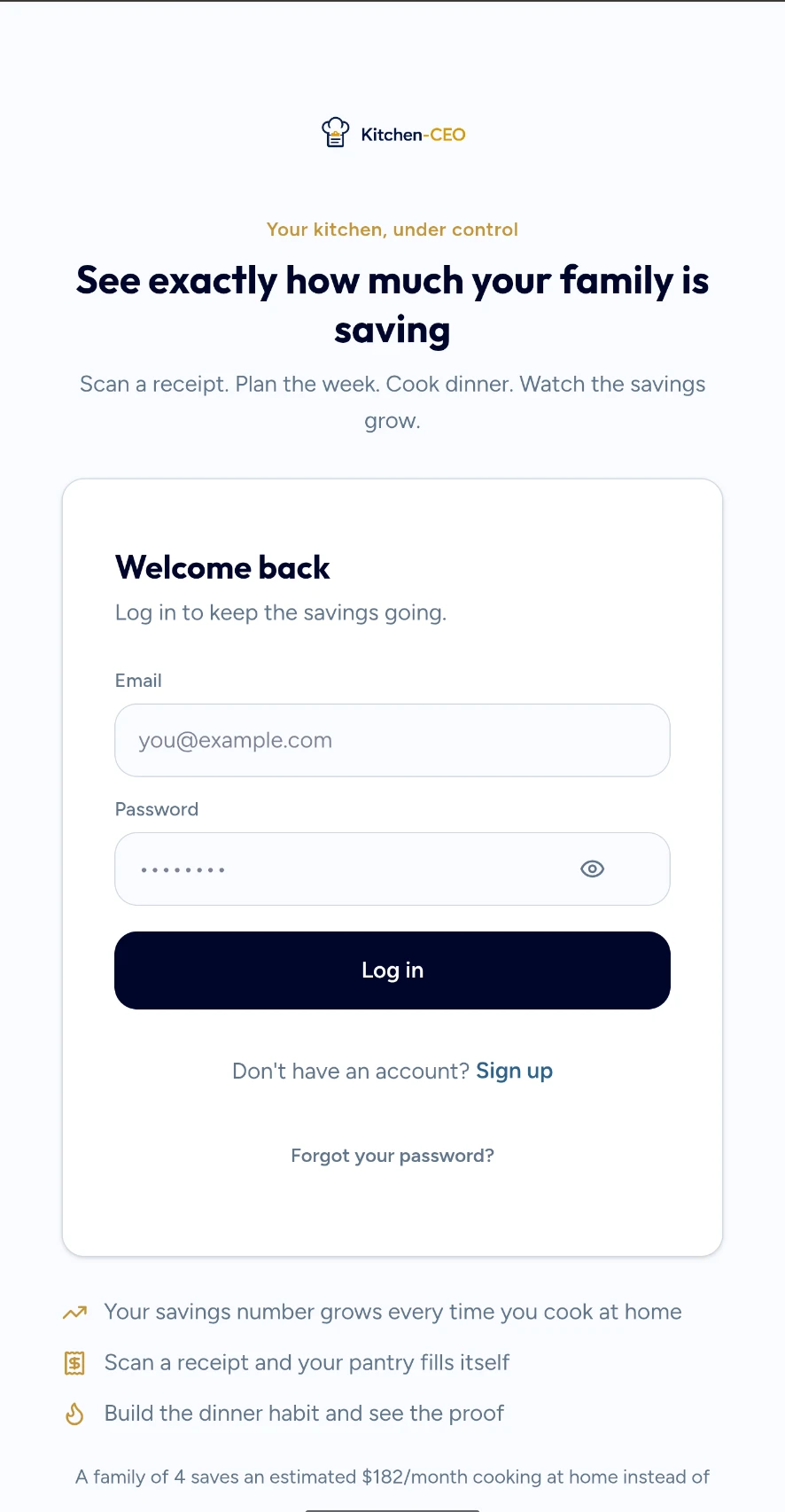 Kitchen-CEO sign-in screen on a phone