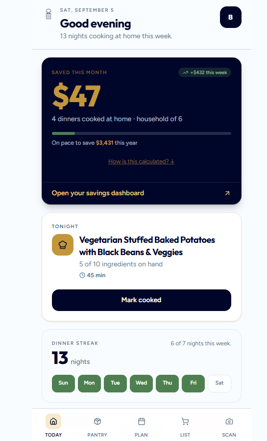 Kitchen-CEO Today screen showing this month's savings and tonight's dinner